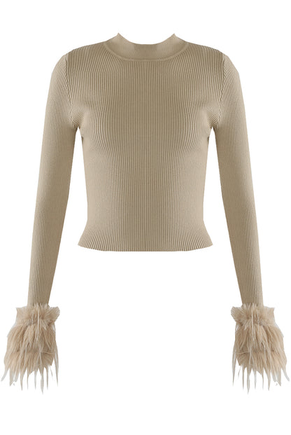 Fur Cuff Fine Knit Ribbed Jumper