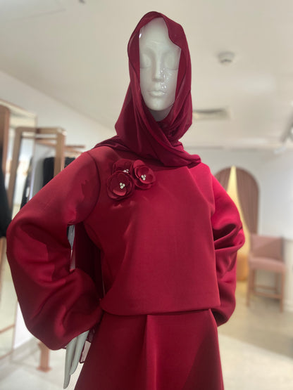 Two  piece matching set with shawl in Burgundy