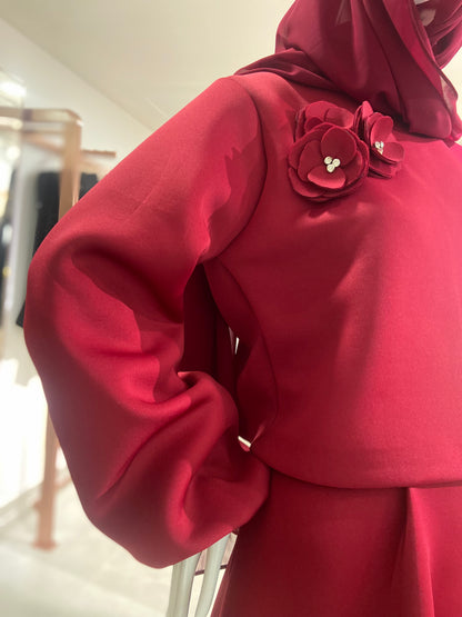 Two  piece matching set with shawl in Burgundy