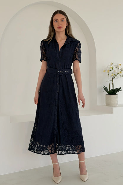 Tansy Short Sleeve Lace Shirt Dress Navy