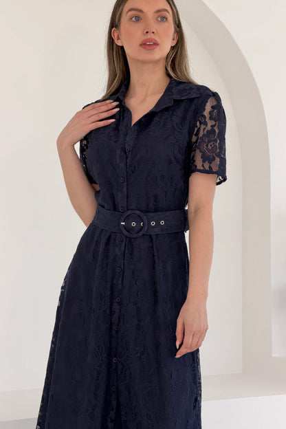 Tansy Short Sleeve Lace Shirt Dress Navy