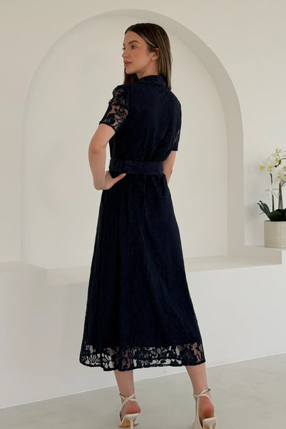 Tansy Short Sleeve Lace Shirt Dress Navy