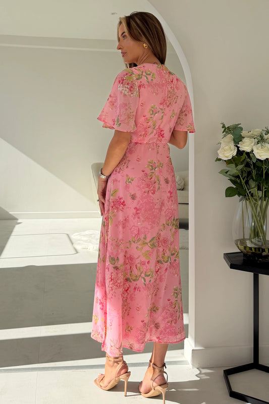 Daisy Wrap Neck Twist Detail Midi Dress Pink