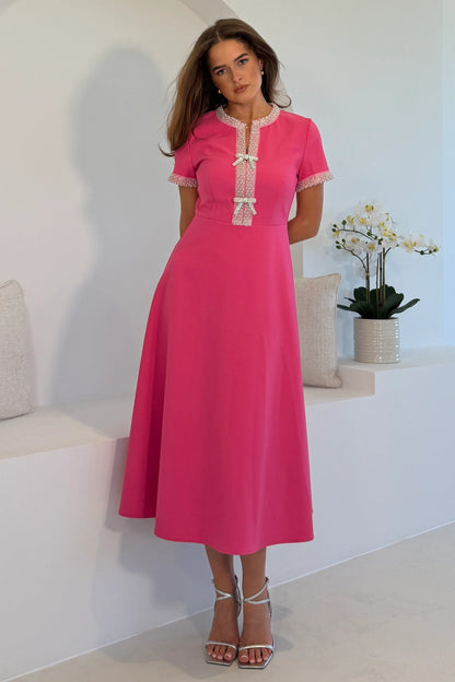 Natalia Beaded Bow Midi Dress Pink
