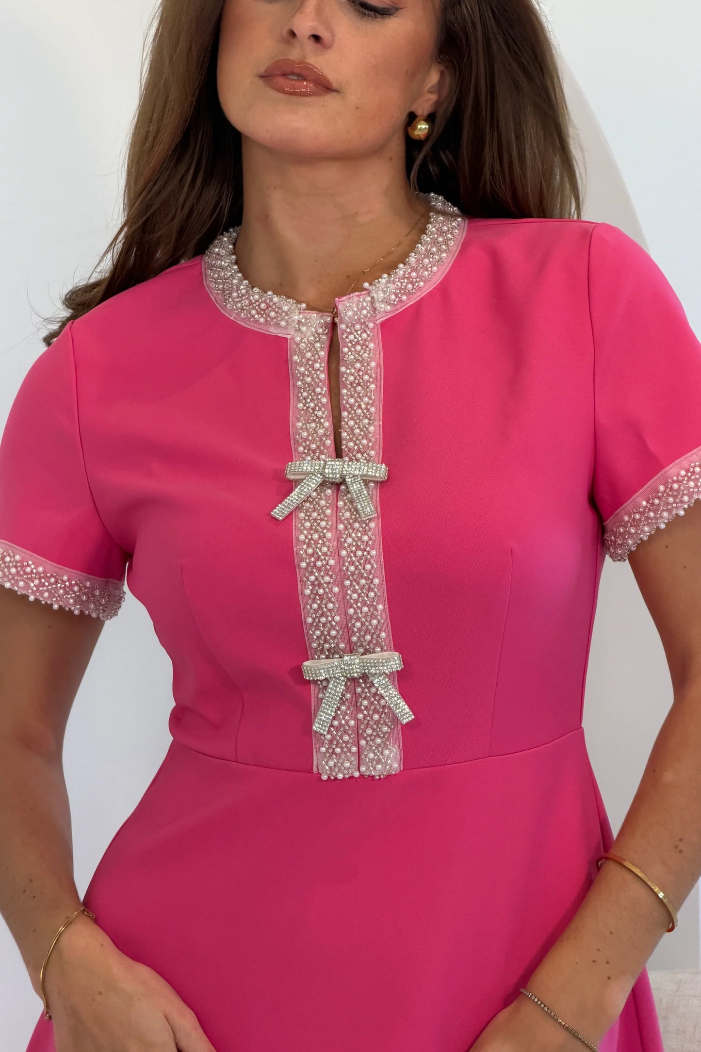 Natalia Beaded Bow Midi Dress Pink