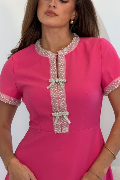 Natalia Beaded Bow Midi Dress Pink