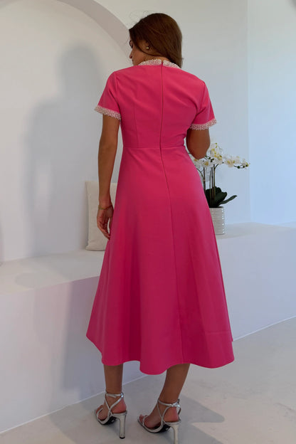 Natalia Beaded Bow Midi Dress Pink