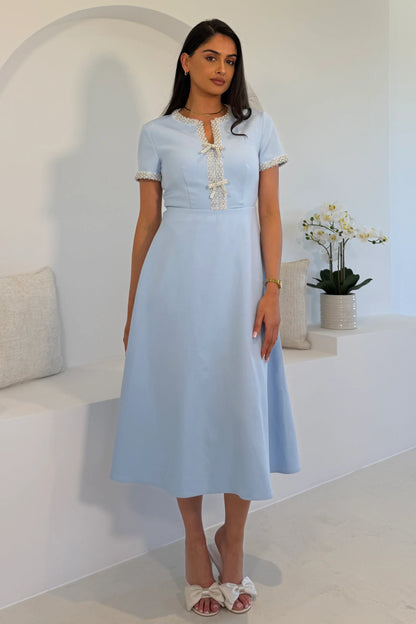 Natalia Beaded Bow Midi Dress Blue