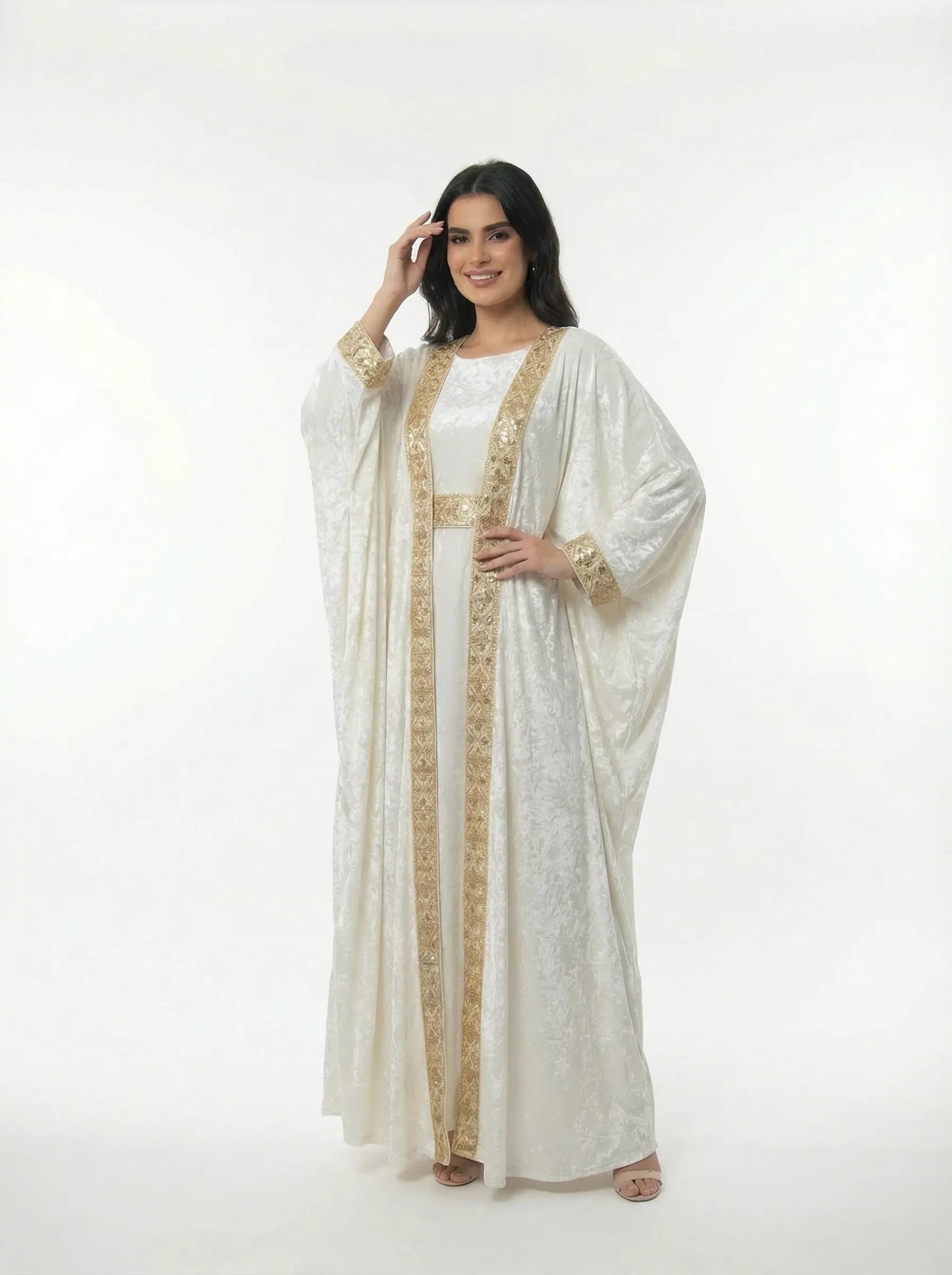 Ice Velvet Abaya with Dress in Offwhite