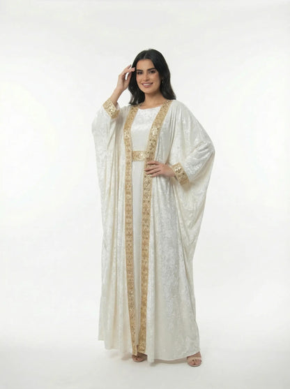 Ice Velvet Abaya with Dress in Offwhite