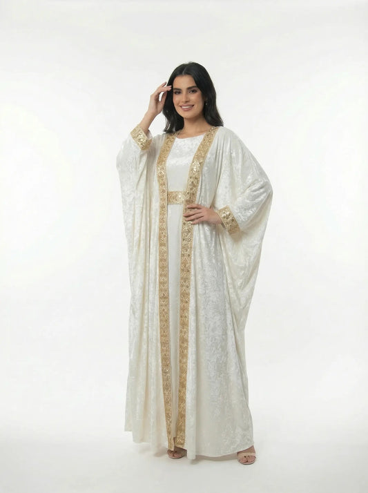 Ice Velvet Abaya with Dress in Offwhite