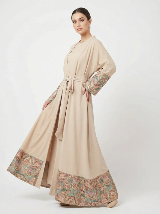 Jacquard and Satin Crepe Abaya & Dress set in Beige