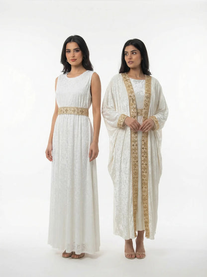 Ice Velvet Abaya with Dress in Offwhite