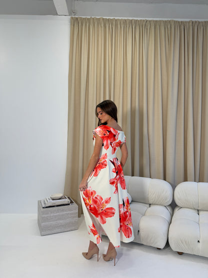 Betty Asymmetric Floral Print Midi Dress Orange