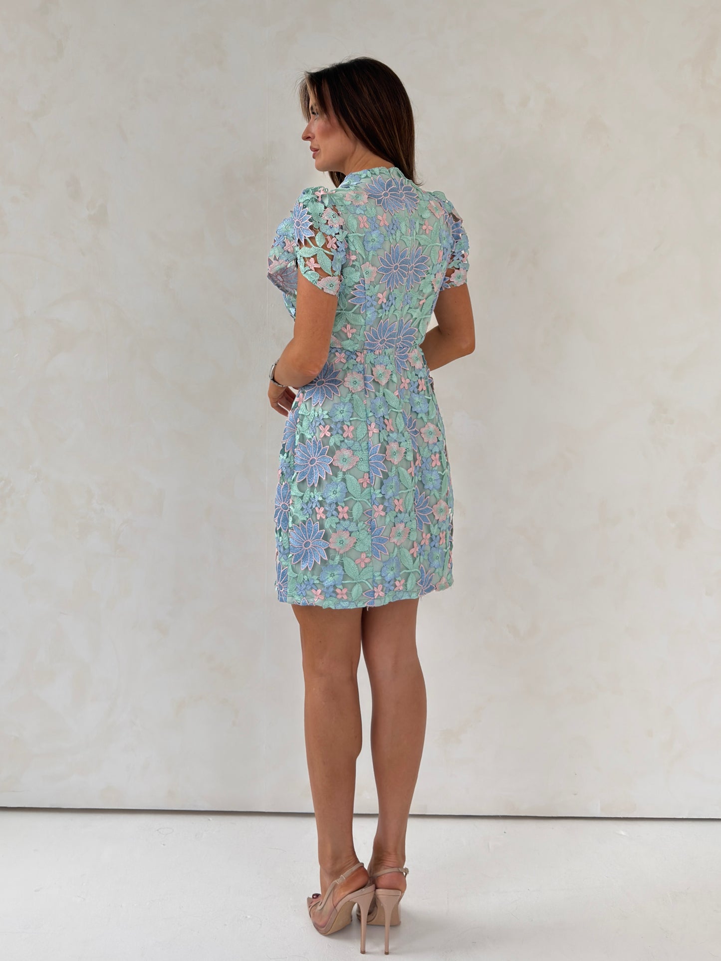 Ami Corded Lace Tulip Sleeve Mini Dress