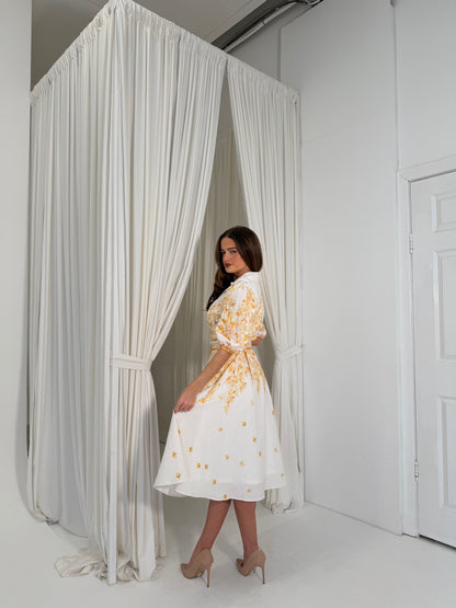 Holland Cream and Yellow Floral Collar Midi Dress