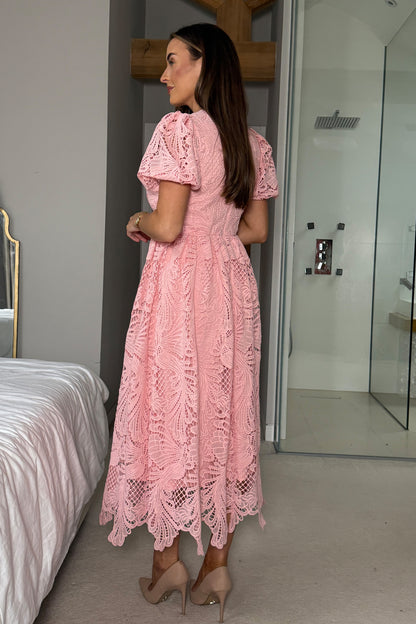 Marguerite Round Neck Puff Sleeve Midi Dress Pink Lace