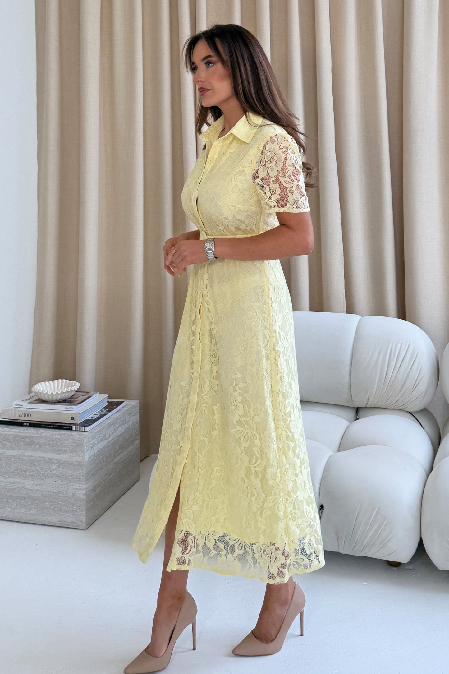 Tansy Short Sleeve Lace Shirt Dress Yellow