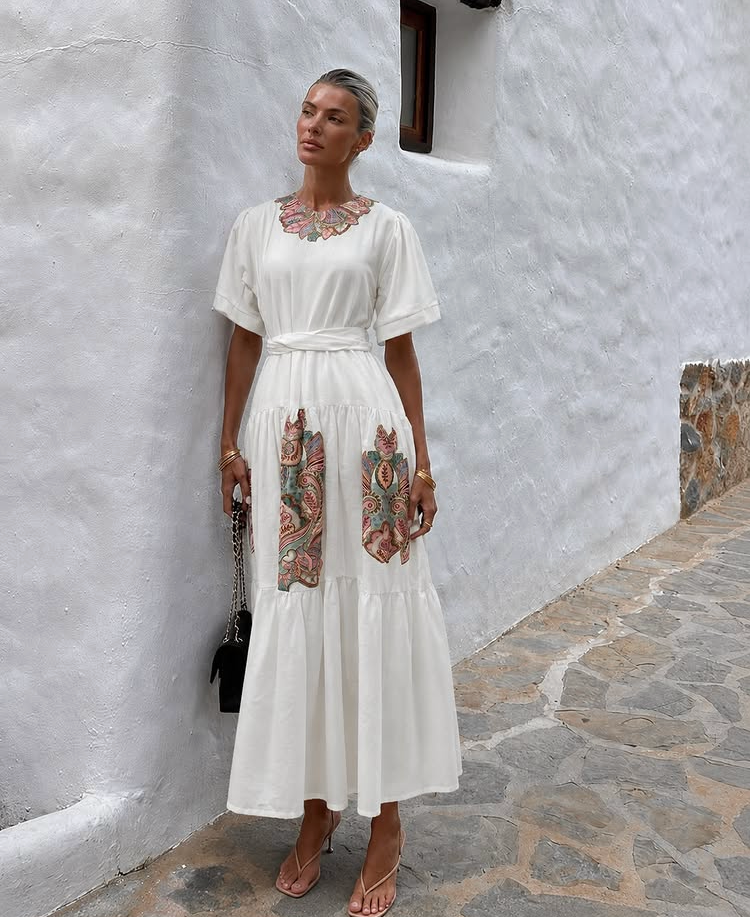 Offwhite Linen Jacquard Dress with belt