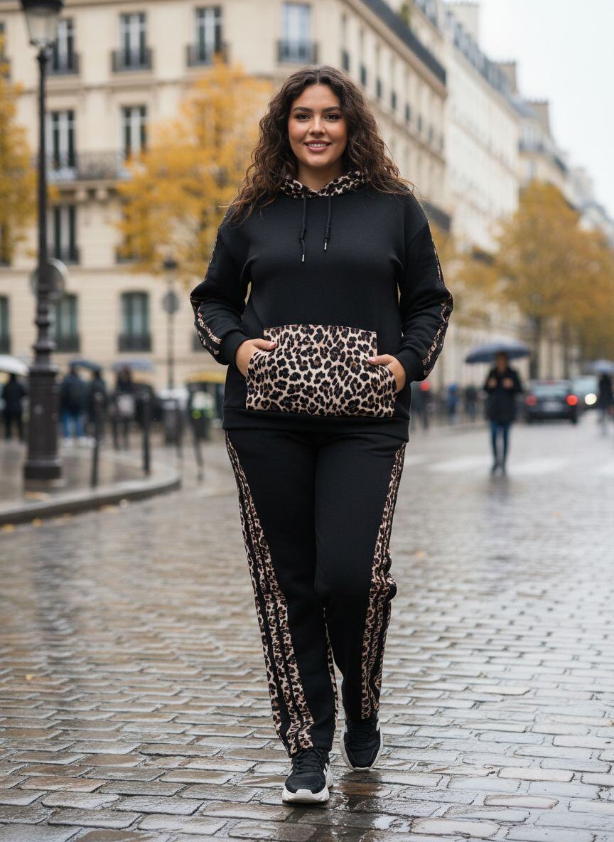 Woman wearing a black hoodie with leopard print accents and matching pants on a city street.