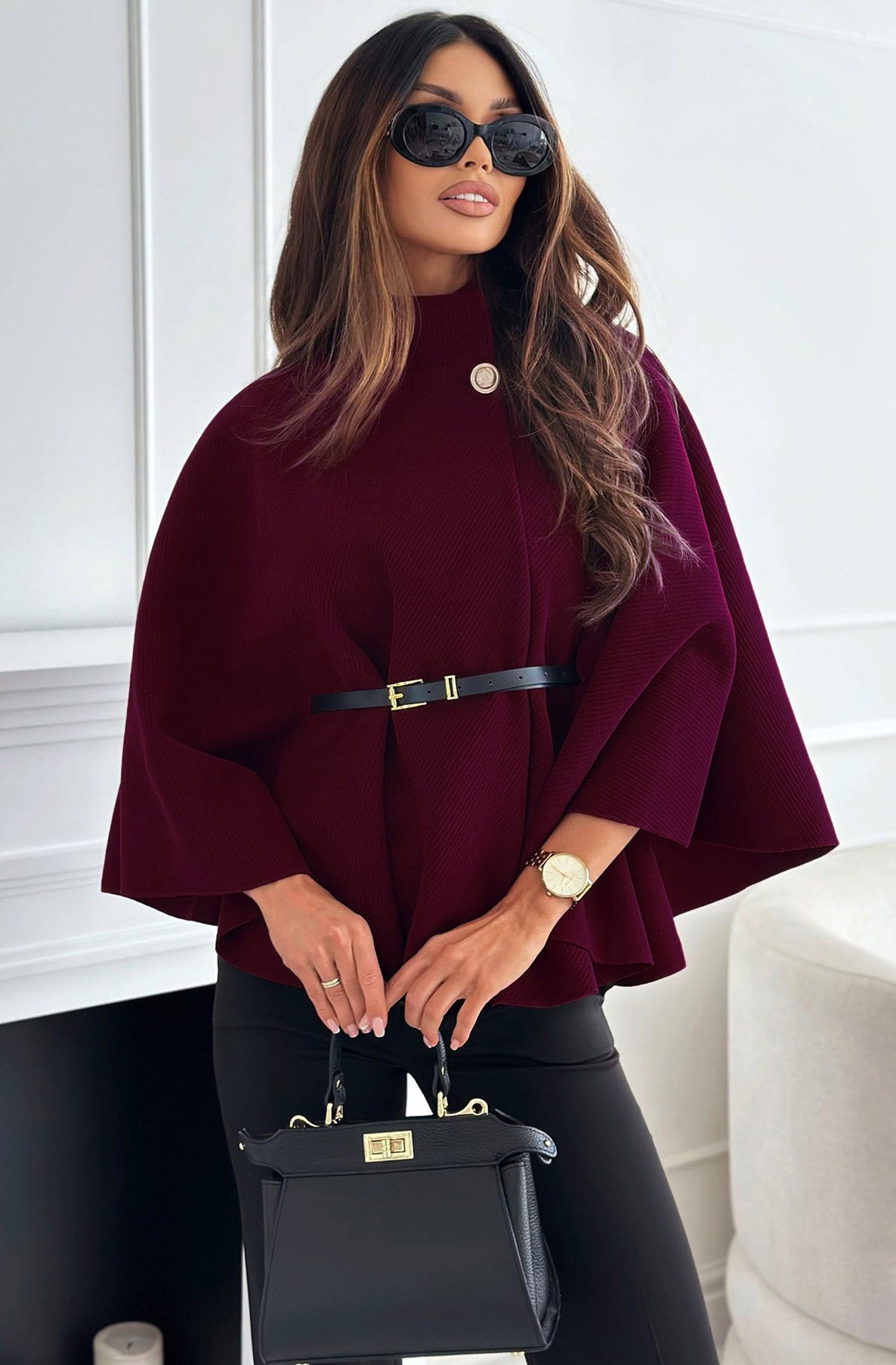Cherise Button Detail Poncho - Burgundy