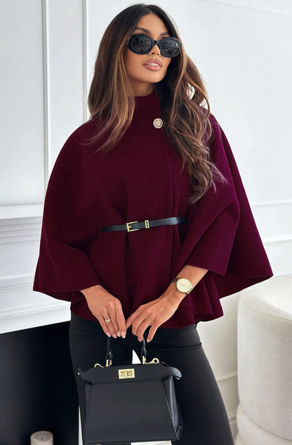 Cherise Button Detail Poncho - Burgundy