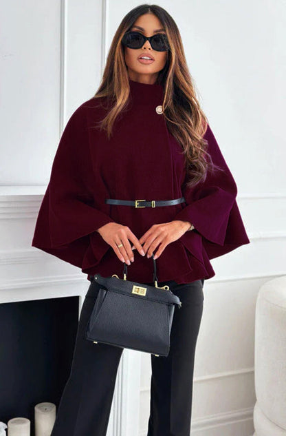 Cherise Button Detail Poncho - Burgundy