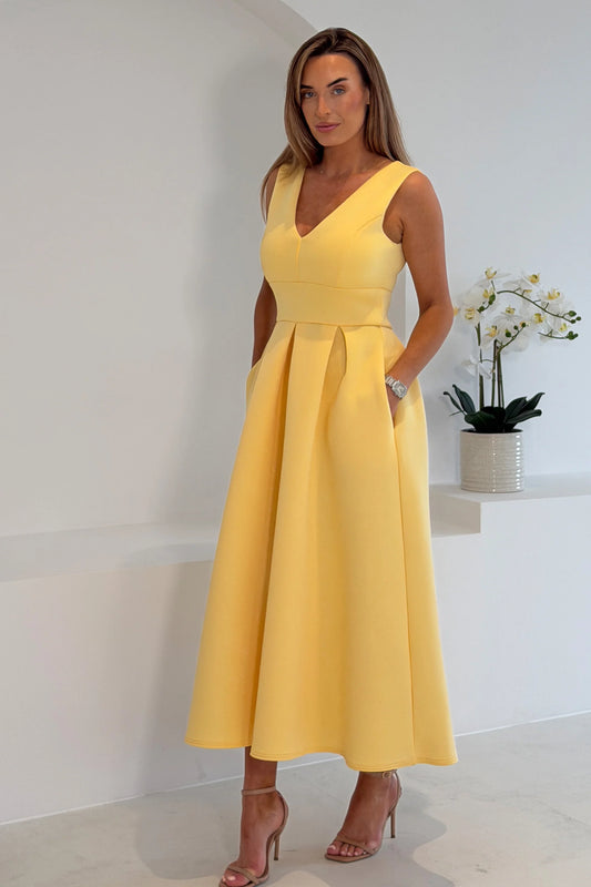 Girl In Mind Bethany yellow V-neck skater midi dress front view