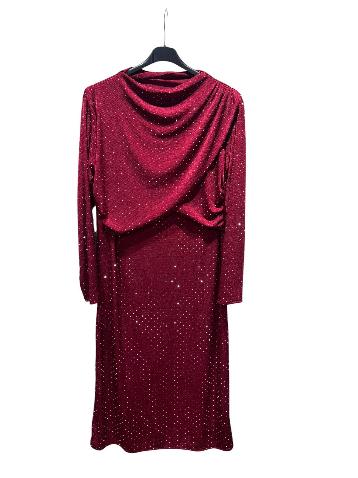 Red dress with a draped design on a hanger against a white background