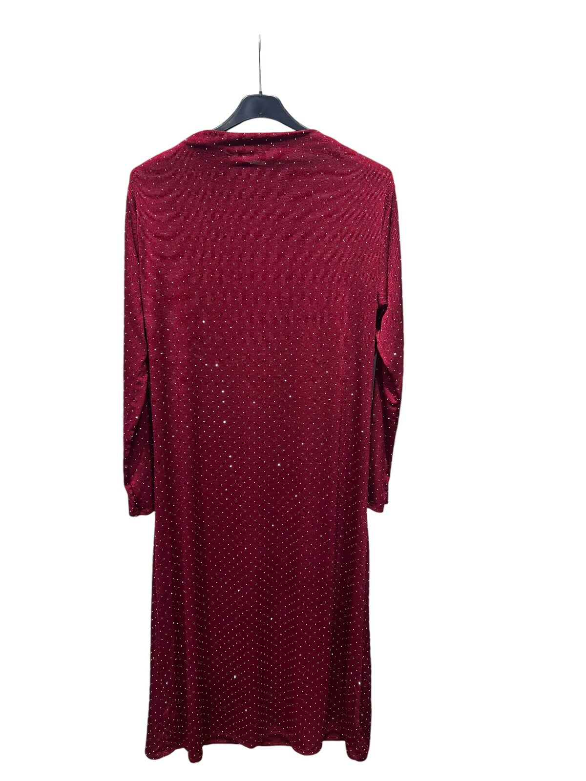 Maroon dress with small patterns on a hanger against a white background