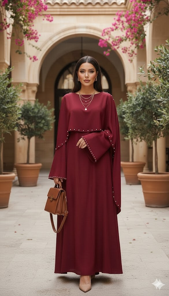 Woman in a burgundy dress standing in an outdoor setting with arches and plants.
