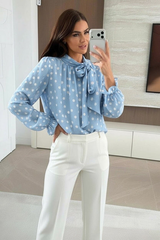Sky blue Tie-neck blouse with small polka dot print