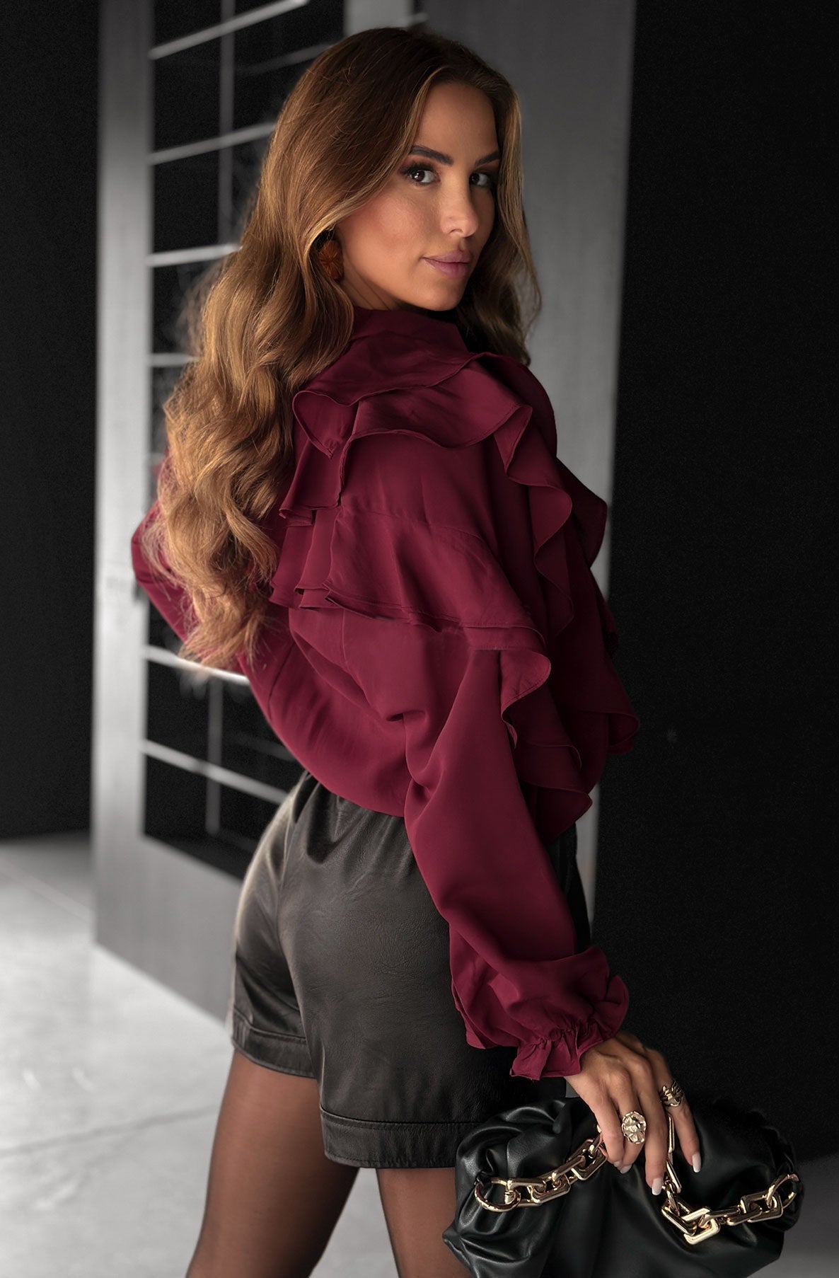 WHITNEY RUFFLE LAYERED SHIRT BLOUSE-WINE